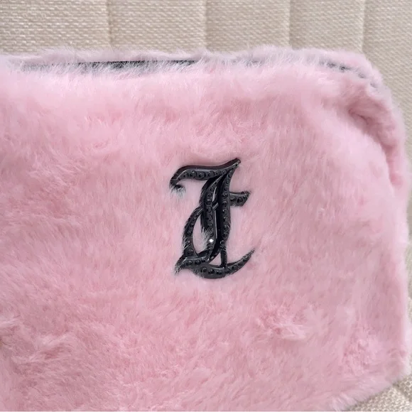 NEW Juicy Couture Pink Fur Black Rhinestone Logo Makeup Bag - Picture 2 of 4